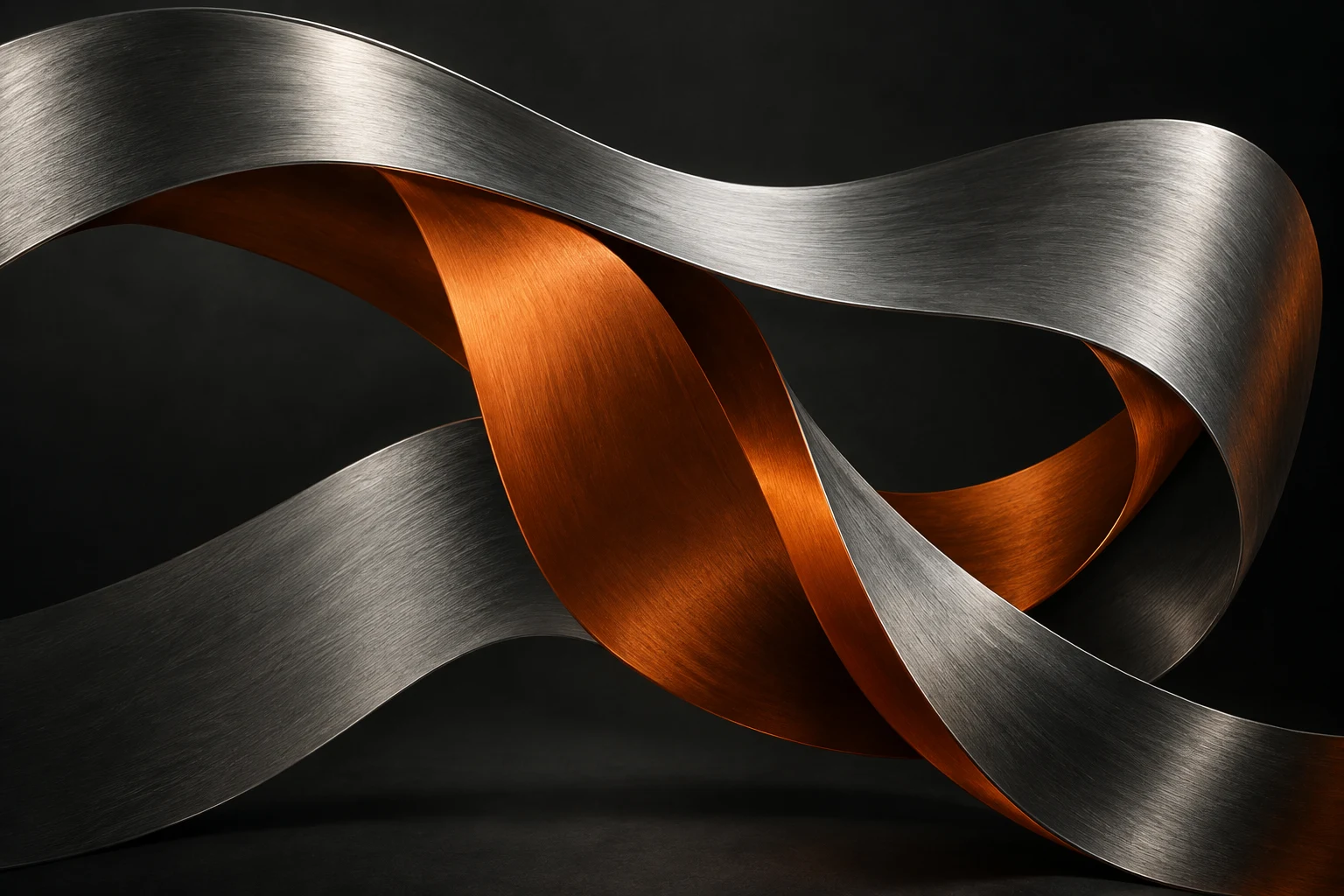 Sculptural orange and silver ribbons flowing together